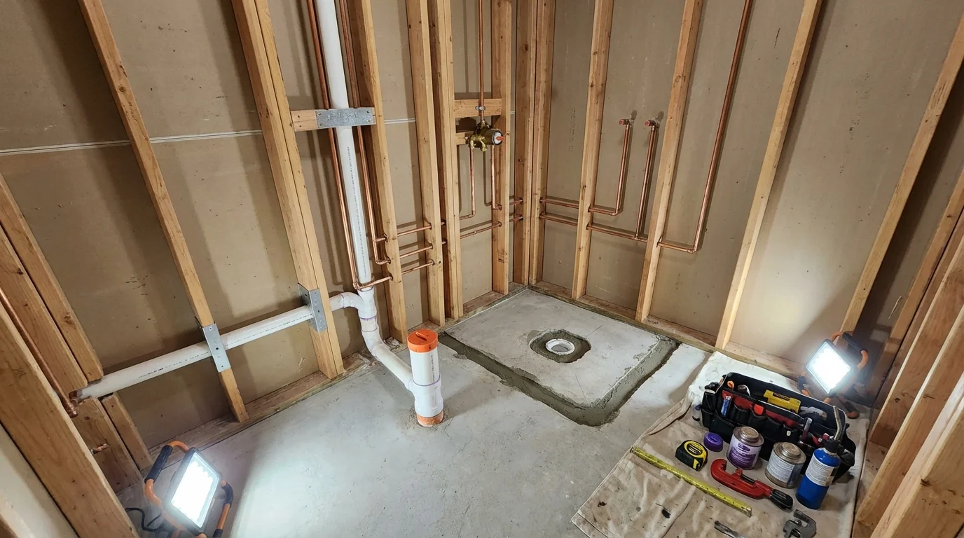 Bathroom rough-in plumbing during remodel by Johns Plumbing LLC in Winfield