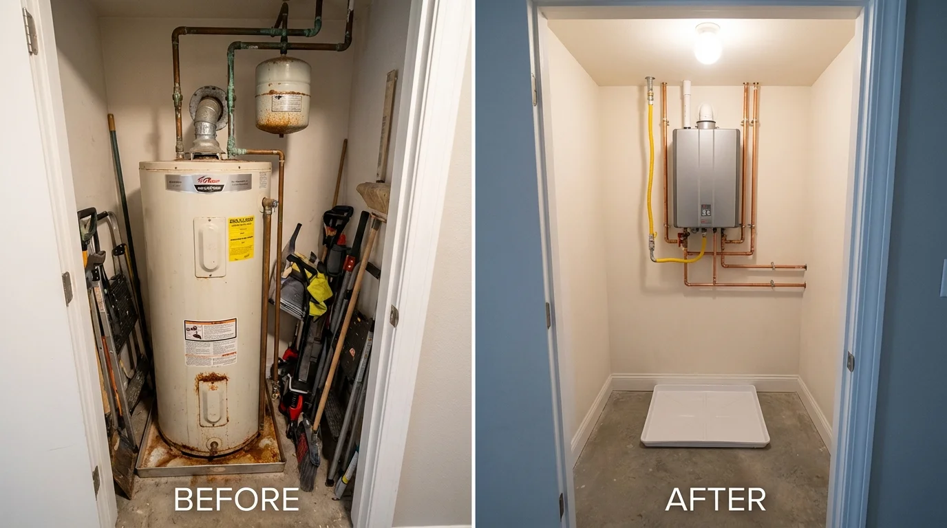 Tank water heater versus wall-mounted tankless unit comparison for Winfield, KS homeowners