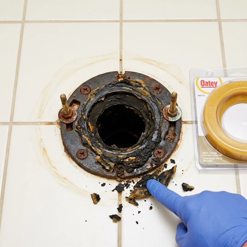 Failed wax ring showing water seepage at the base of a toilet in a Winfield, KS home