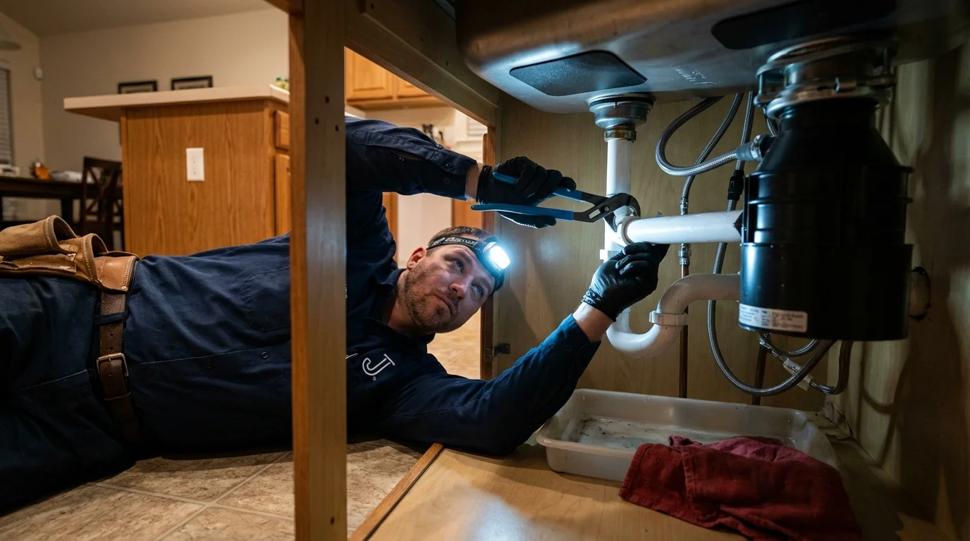 P-trap and supply line connections under a kitchen sink showing a common leak point in Winfield, KS